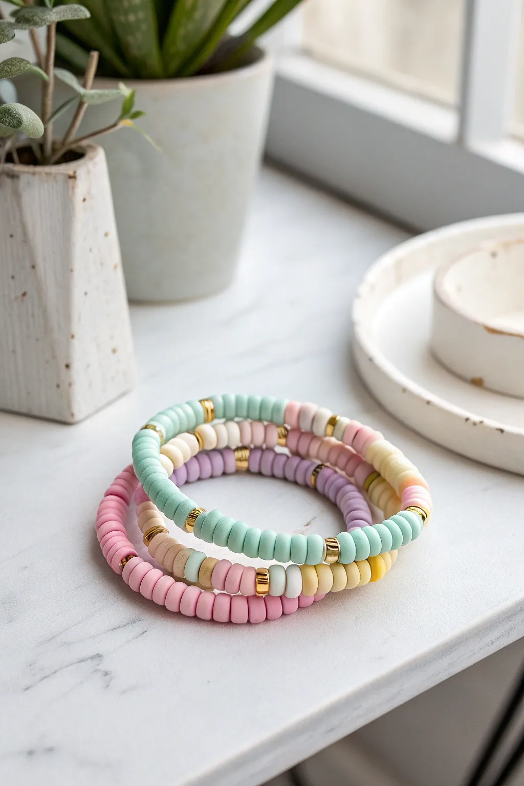 Pastel color block heishi bracelets in mint, blush, lilac, and butter yellow on clean white.