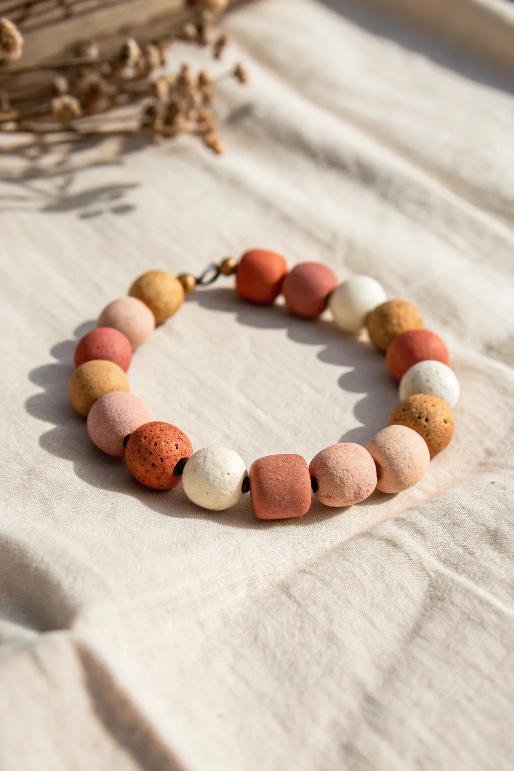 Classic color-block clay bead bracelet in soft boho tones, simple, bold, beginner-friendly.