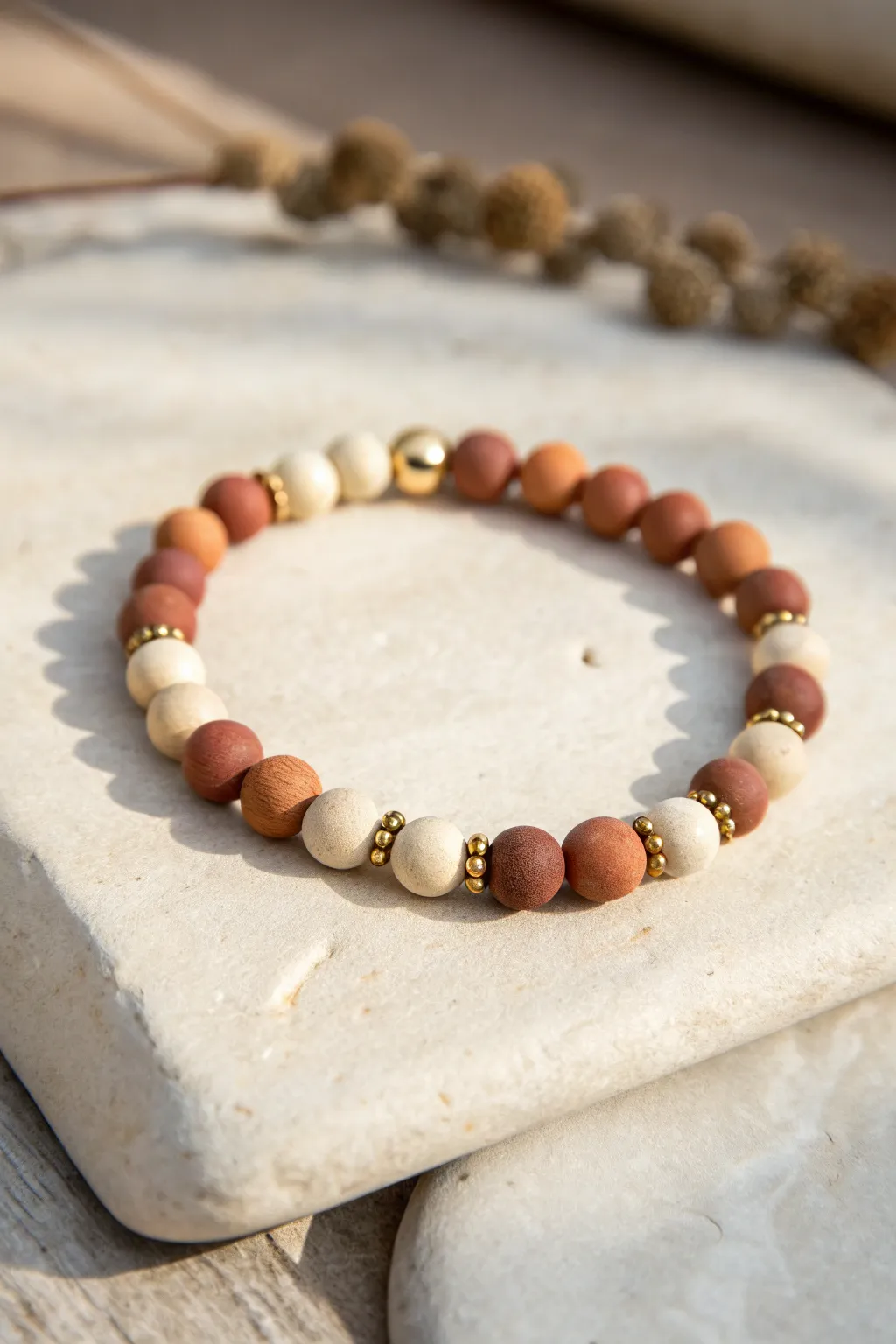 Minimal neutral clay bead bracelet with gold spacers on stone, calm modern boho elegance