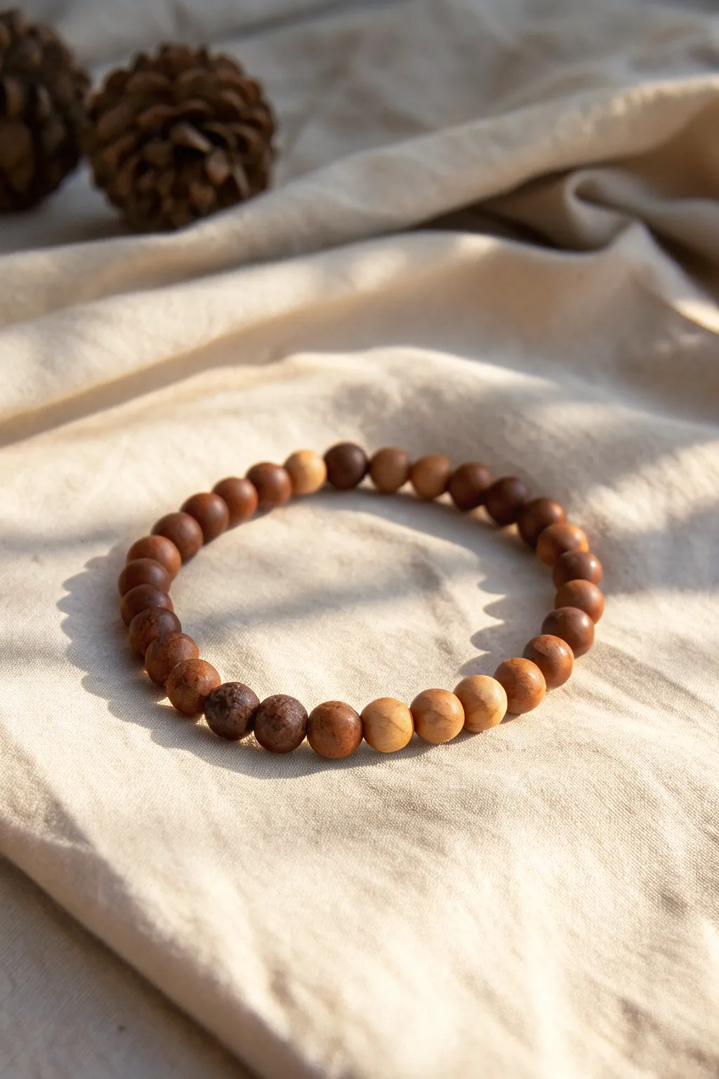 Cocoa-to-tan ombre clay bead bracelet on linen, minimalist and warmly handcrafted.