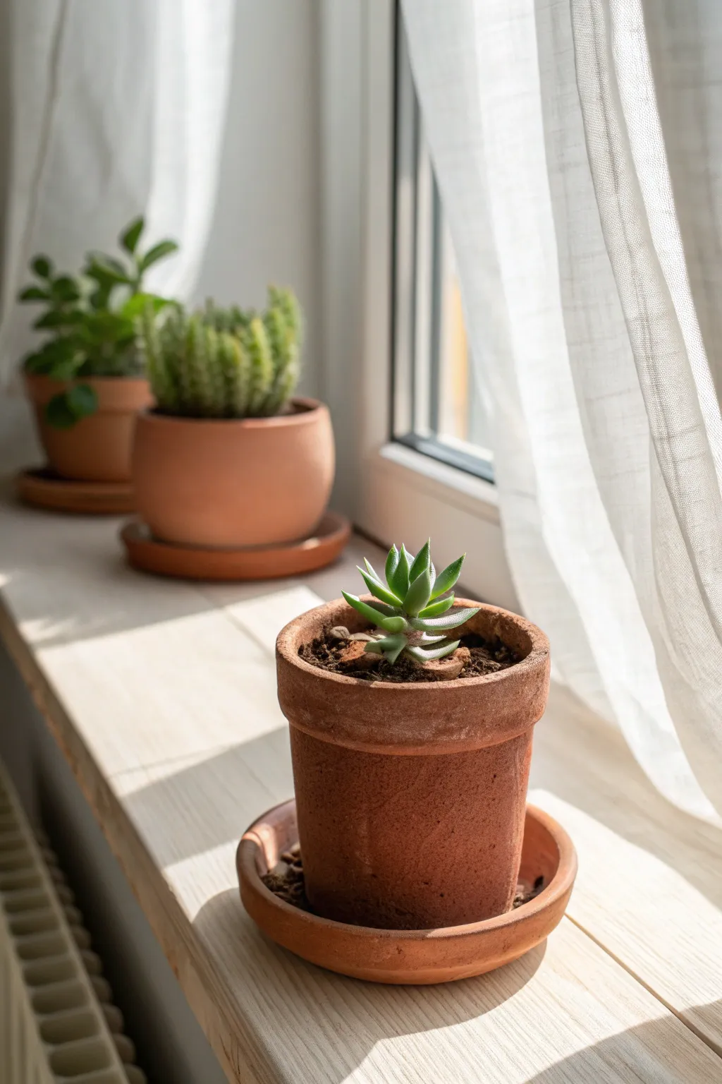 Handmade terracotta mini planter on a sunny windowsill, minimalist and boho with warm contrast