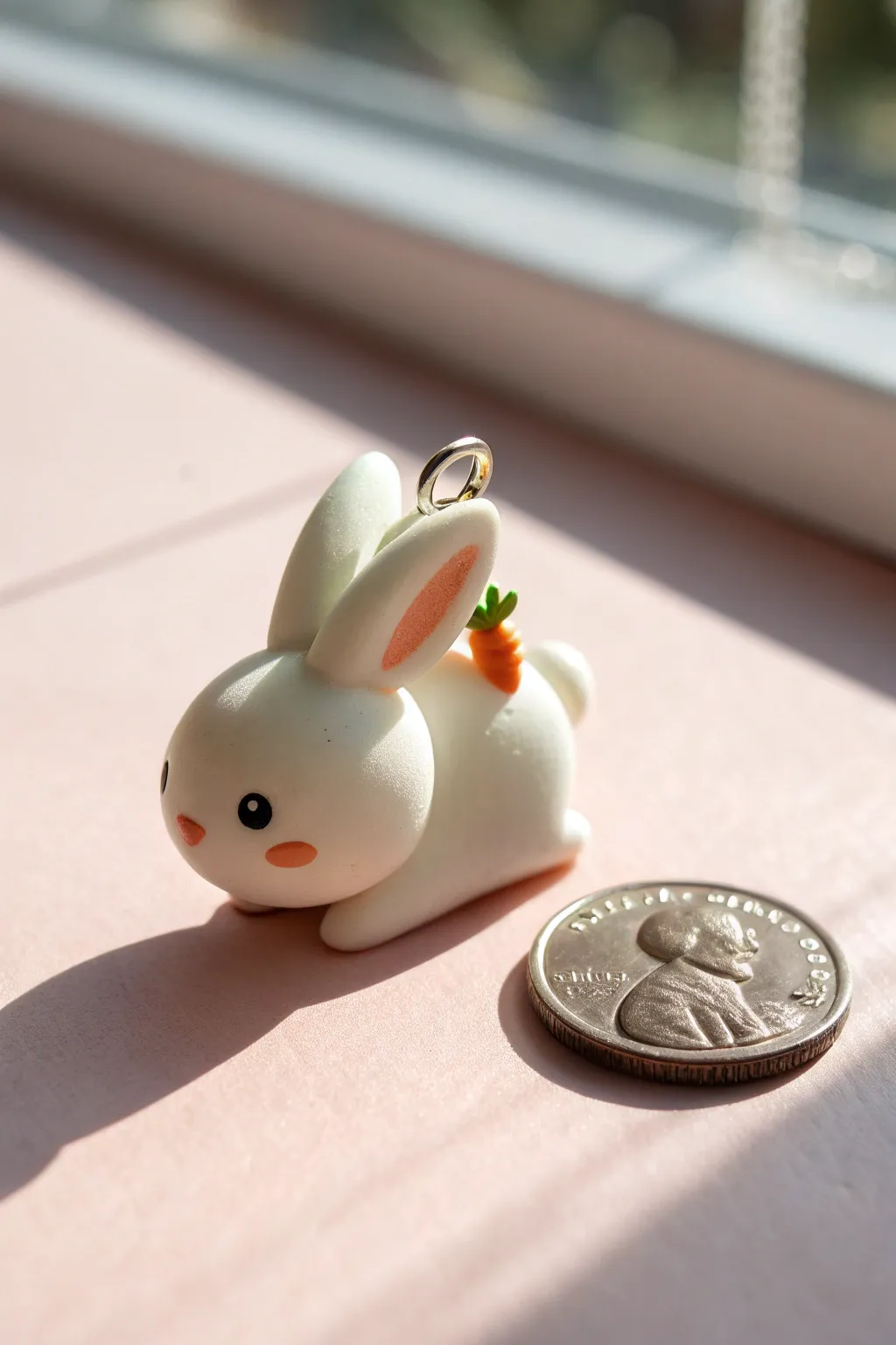 Mini polymer clay bunny charm with carrot detail, styled on a pastel backdrop with a coin for scale.