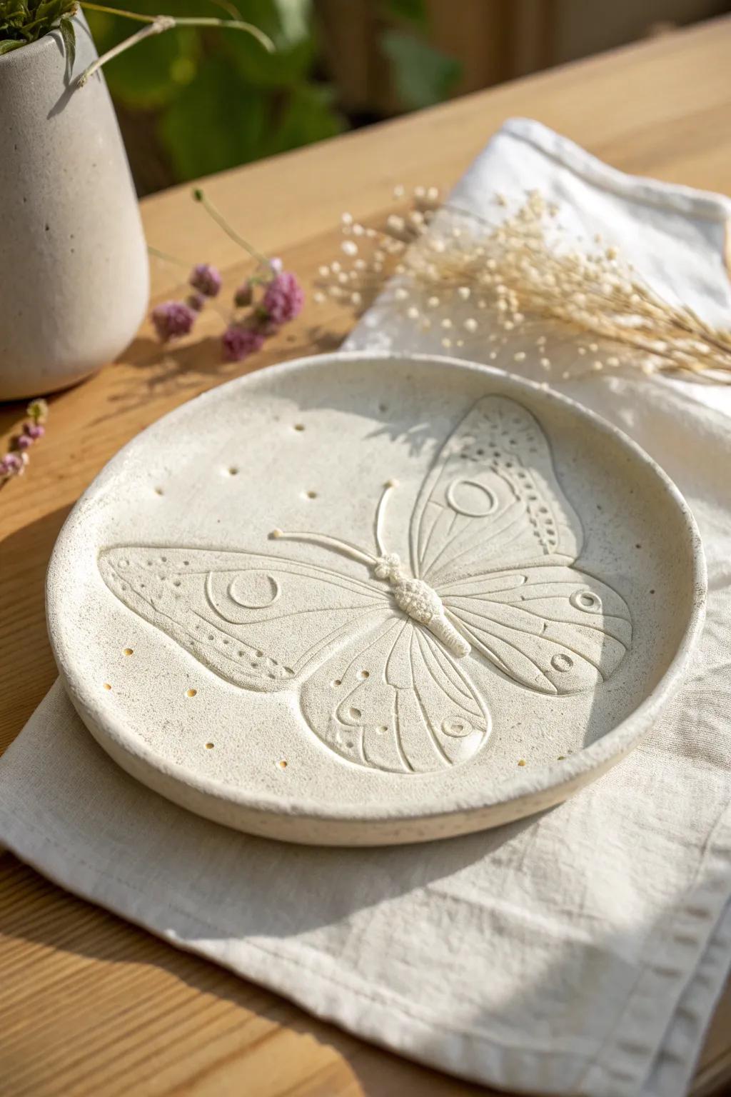 Textured butterfly clay slab with delicate imprint details in warm, minimalist light