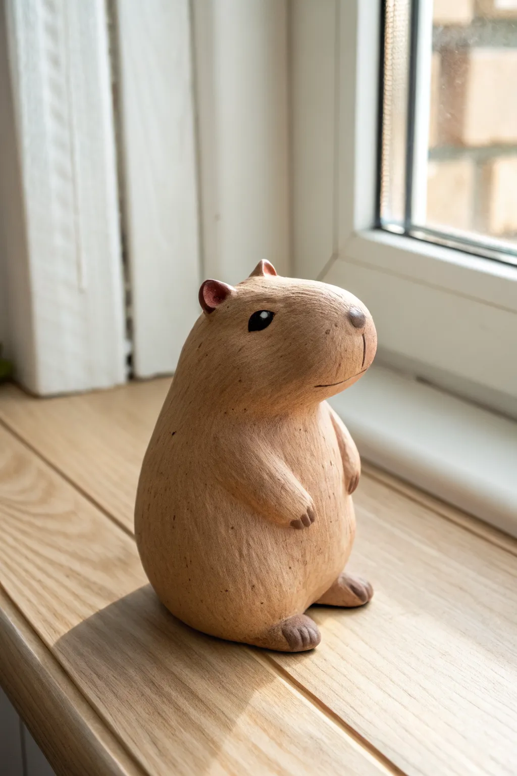 Sweet chibi capybara with rosy cheeks, a cozy handmade clay buddy for minimalist shelves