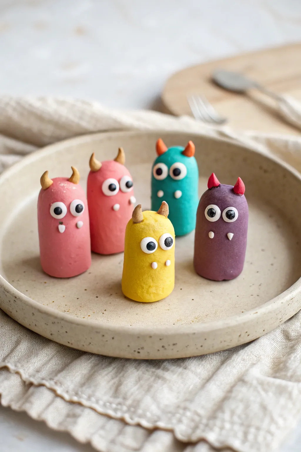 Big-eyed mini monster squad in bold clay colors, simple shapes, and playful handmade charm.