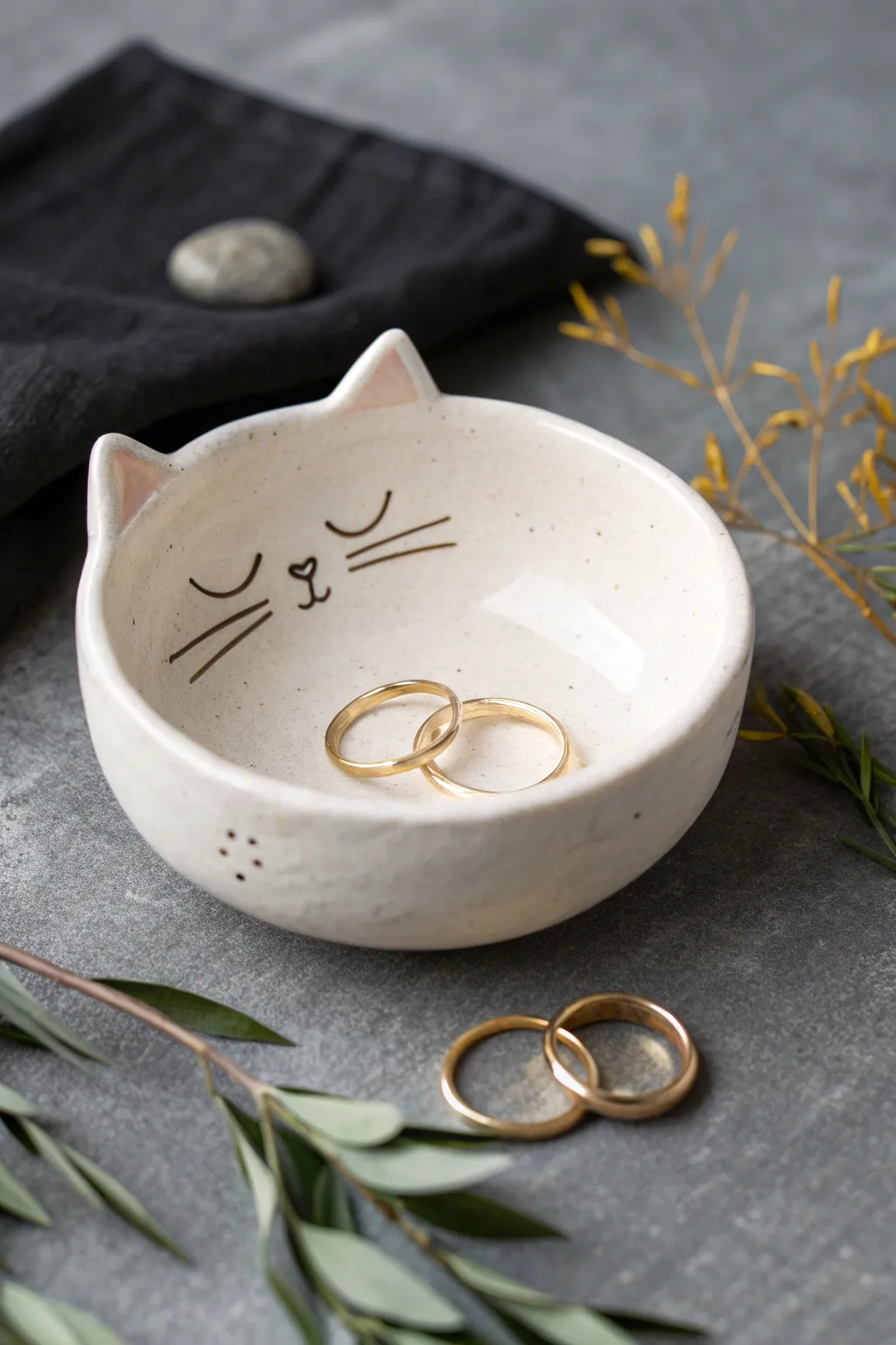 Round cat face pinch pot trinket bowl with tiny ears and rings, minimalist Scandinavian charm.