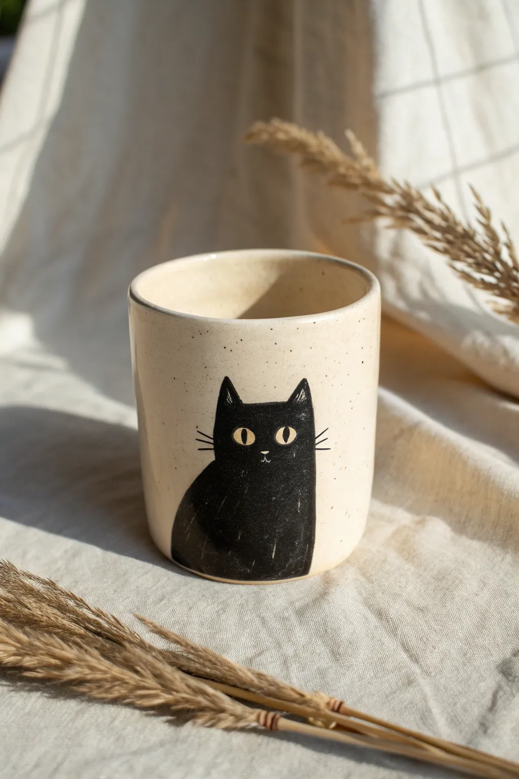 Minimalist black cat silhouette pottery painting idea, simple and striking for any cat lover