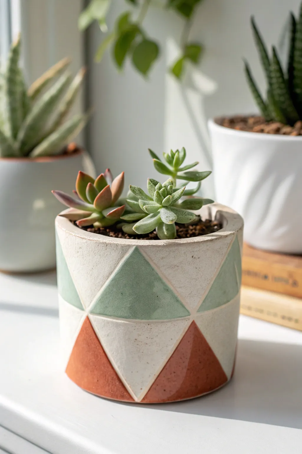 Geometric color-block planter with a tiny succulent, minimalist Scandinavian boho styling.