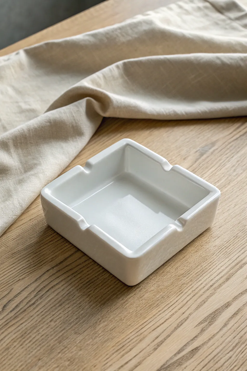 Minimalist square slab ashtray in satin glaze, crisp corners and subtle notches in soft light.