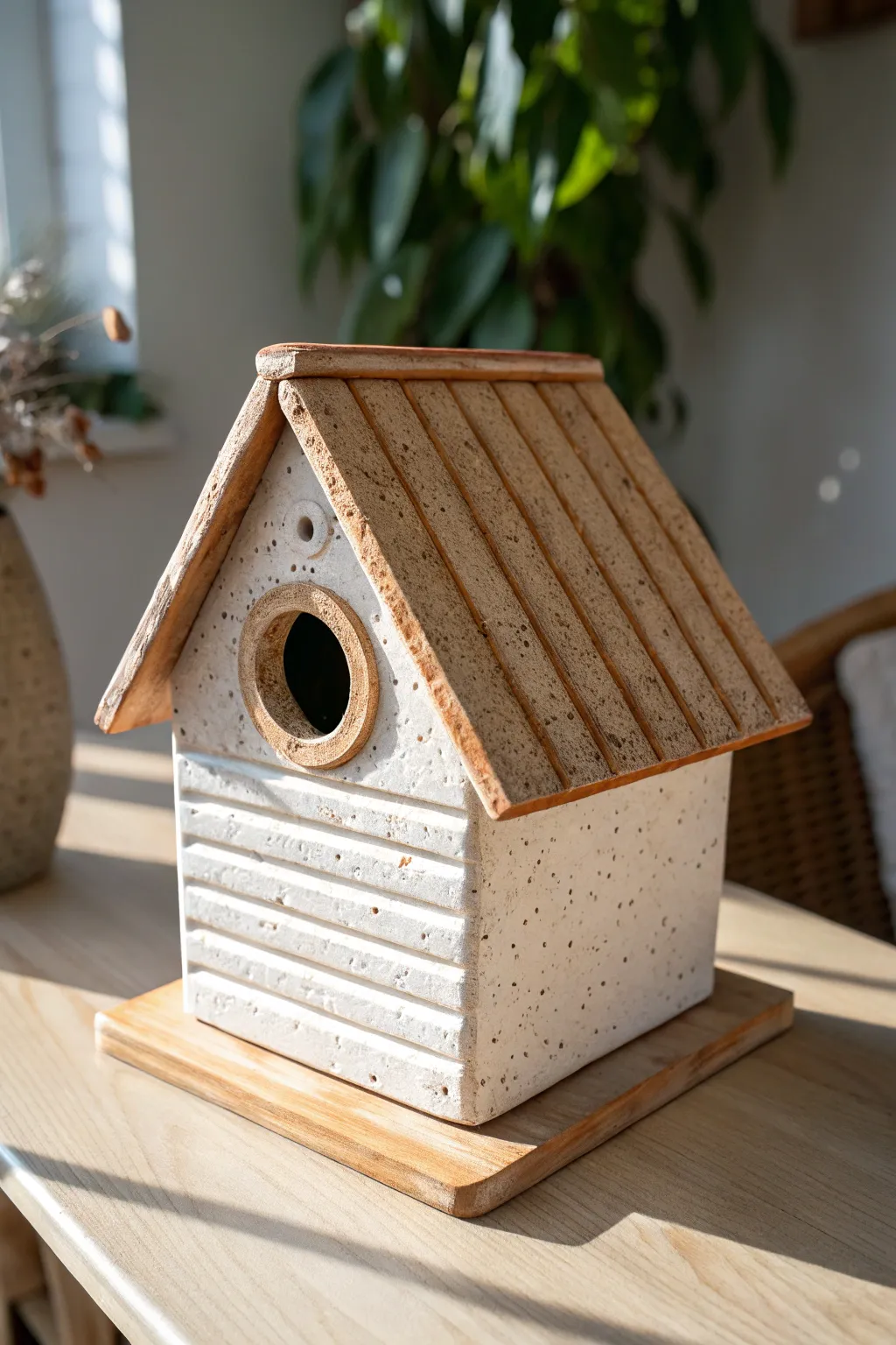 Slab-built ceramic cottage birdhouse with gable roof and subtle siding texture, calm and cozy.