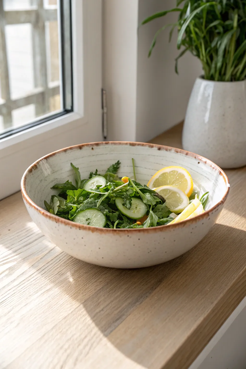 Wide-rim shallow ceramic bowl styled for pasta or salads, clean glaze and natural wood contrast