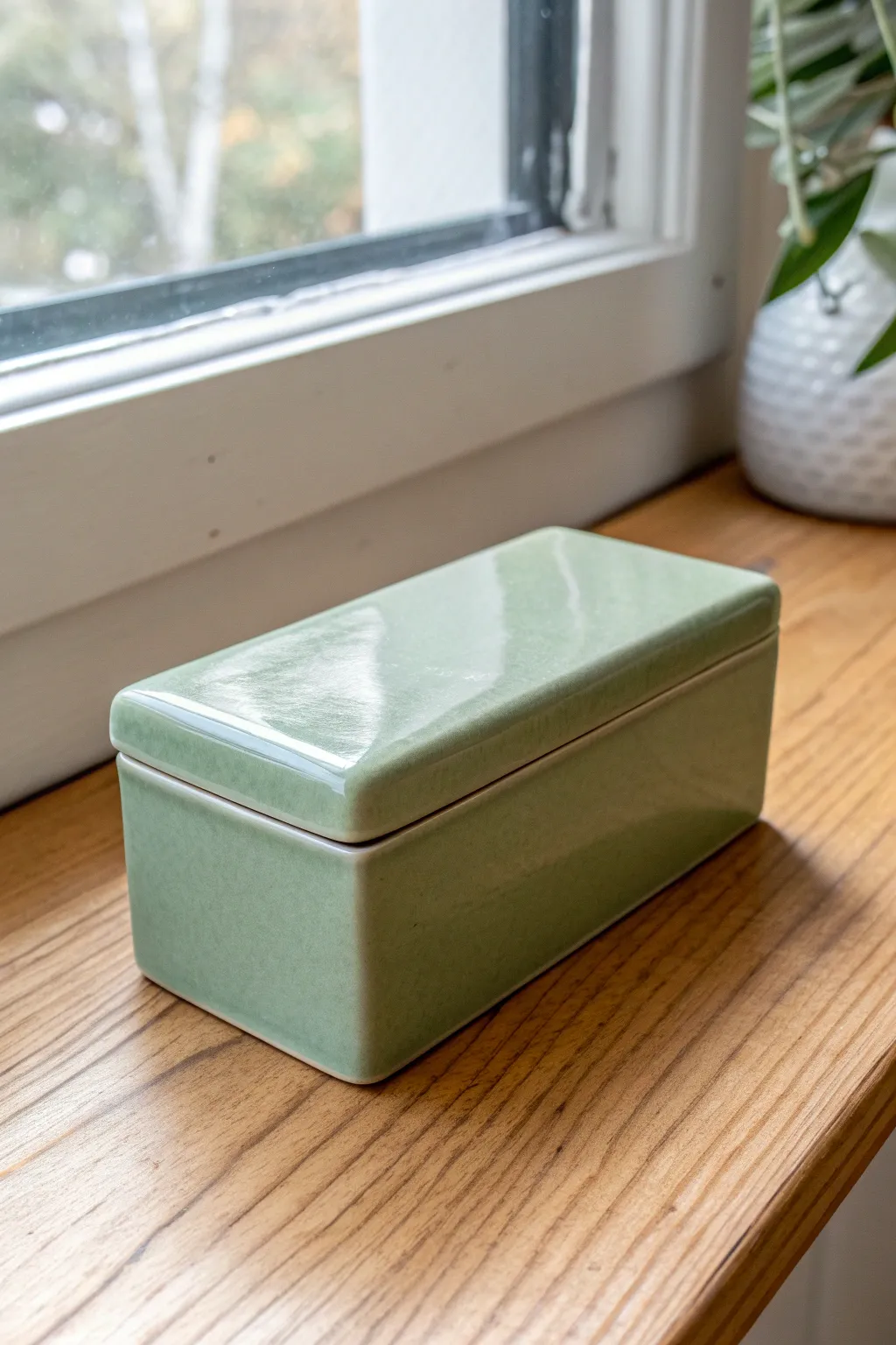 Glossy sage rectangular lidded box with sharp beveled corners, clean lines, and calm Nordic style.