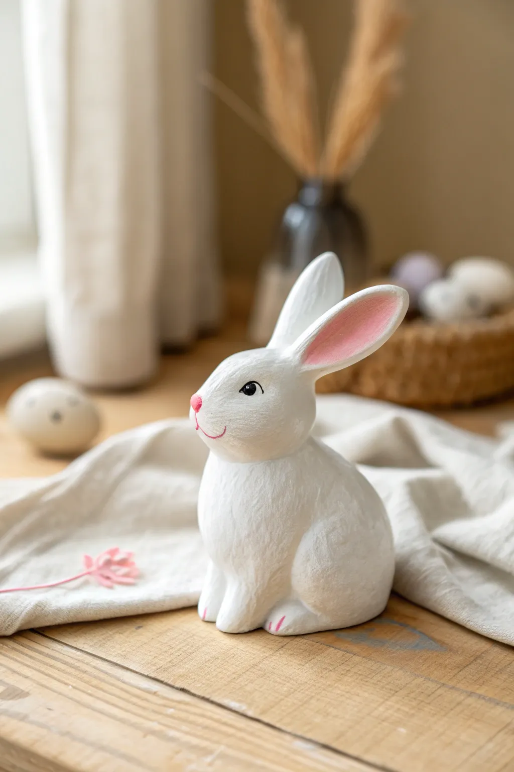Classic white ceramic bunny with blush pink ears, a minimalist spring touch for your decor.