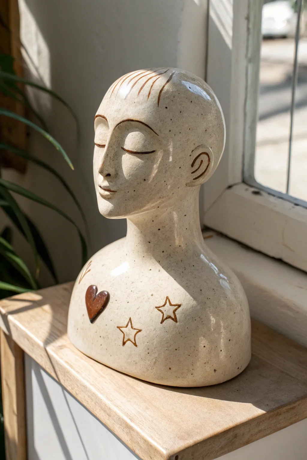 Stylized ceramic self-portrait bust with tiny shoulder charm, minimalist boho elegance.