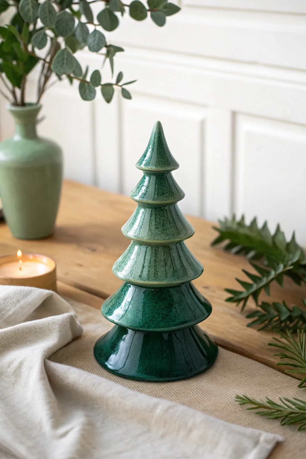 Deep green ombre ceramic tree, dark-to-light fade with soft texture highlights and clean contrast