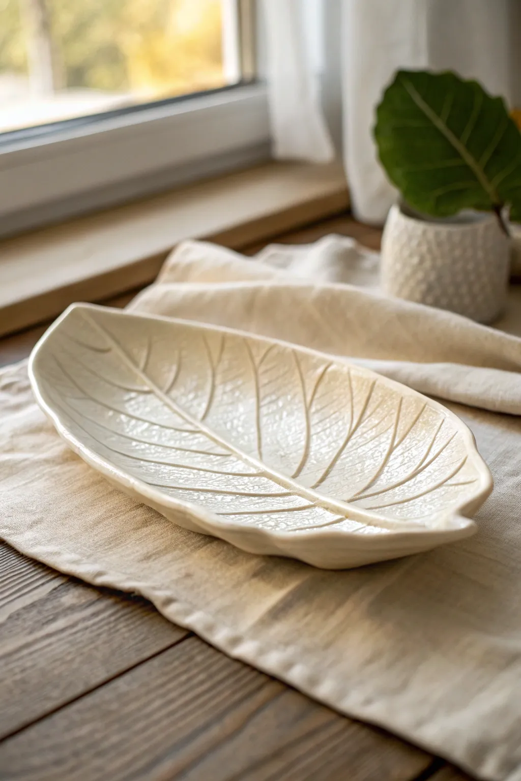 Glossy leaf-shaped slab dish with delicate veins, minimalist styling, warm Scandinavian light.