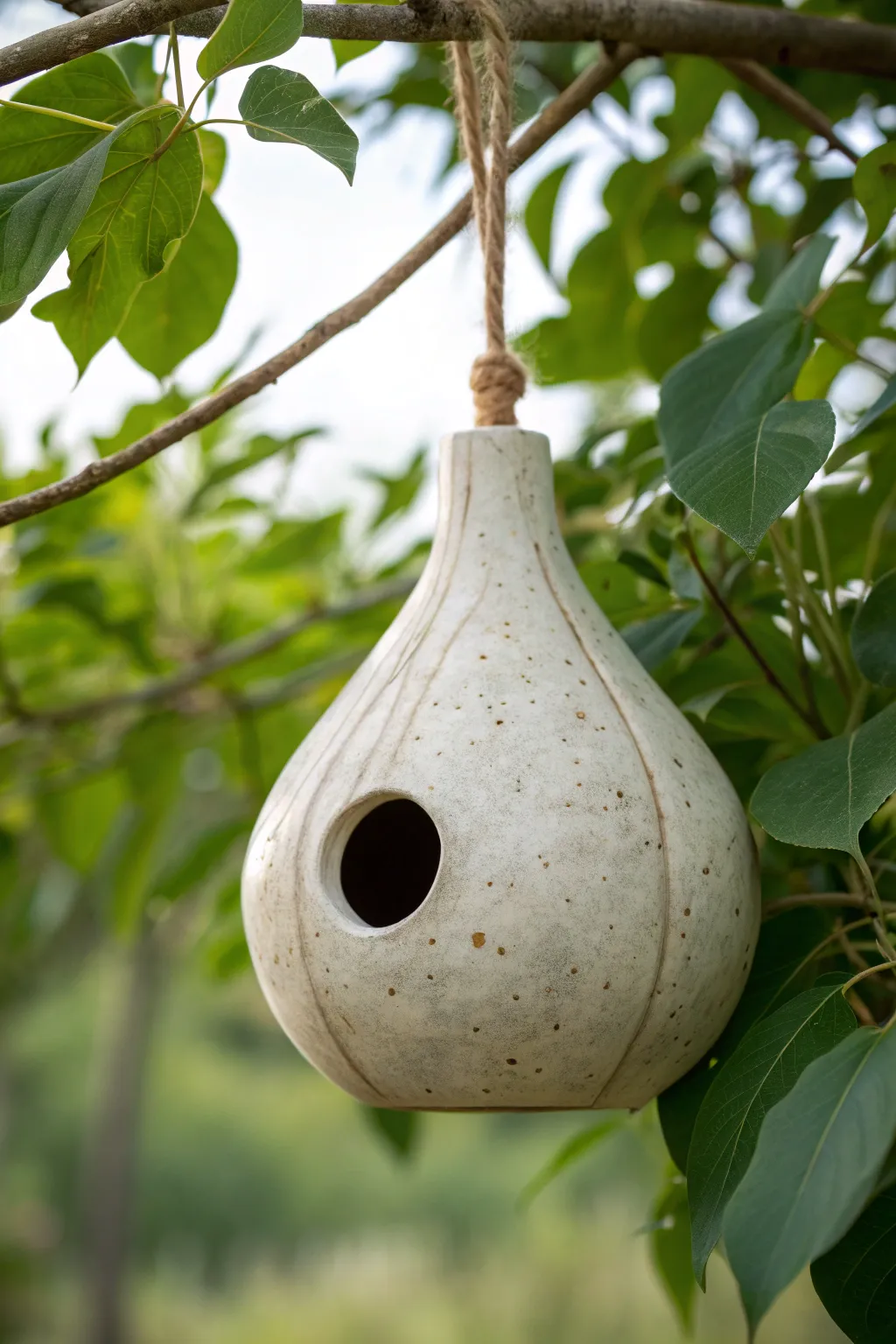 Simple gourd-shaped ceramic birdhouse with soft ribbing, a cozy accent for garden greenery.
