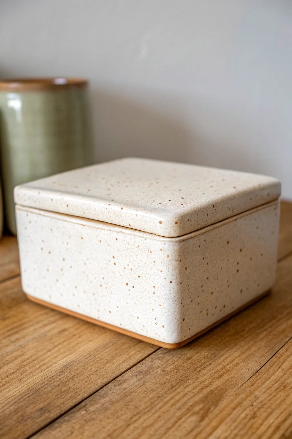 Simple rectangular keepsake box with a snug inset lid, finished in a warm speckled glaze.