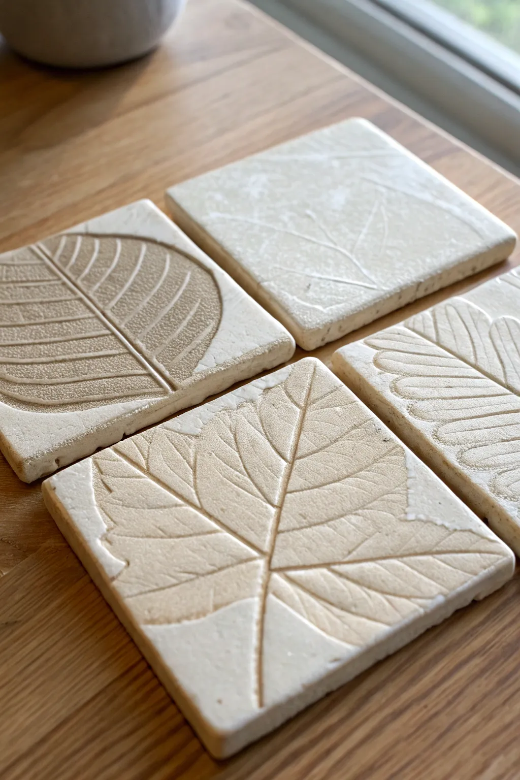Minimal textured slab coasters in matte glaze, a simple Scandinavian-boho clay project.