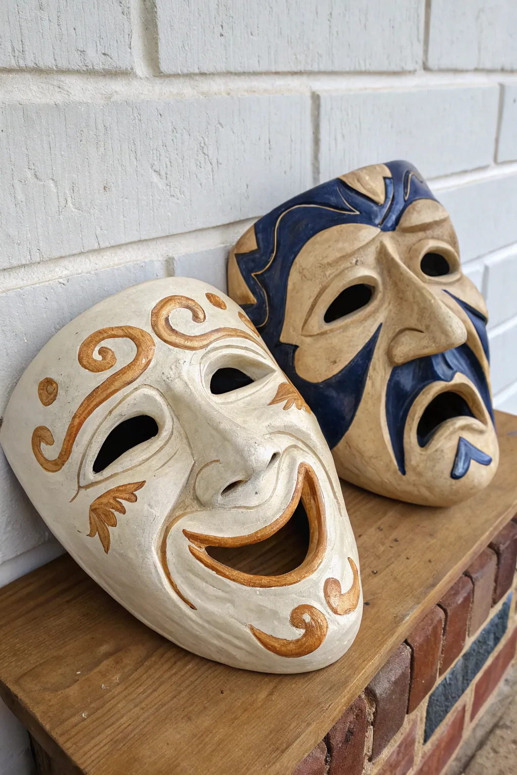 Comedy and tragedy ceramic masks with bold contrasting glaze, styled in soft minimalist boho light.