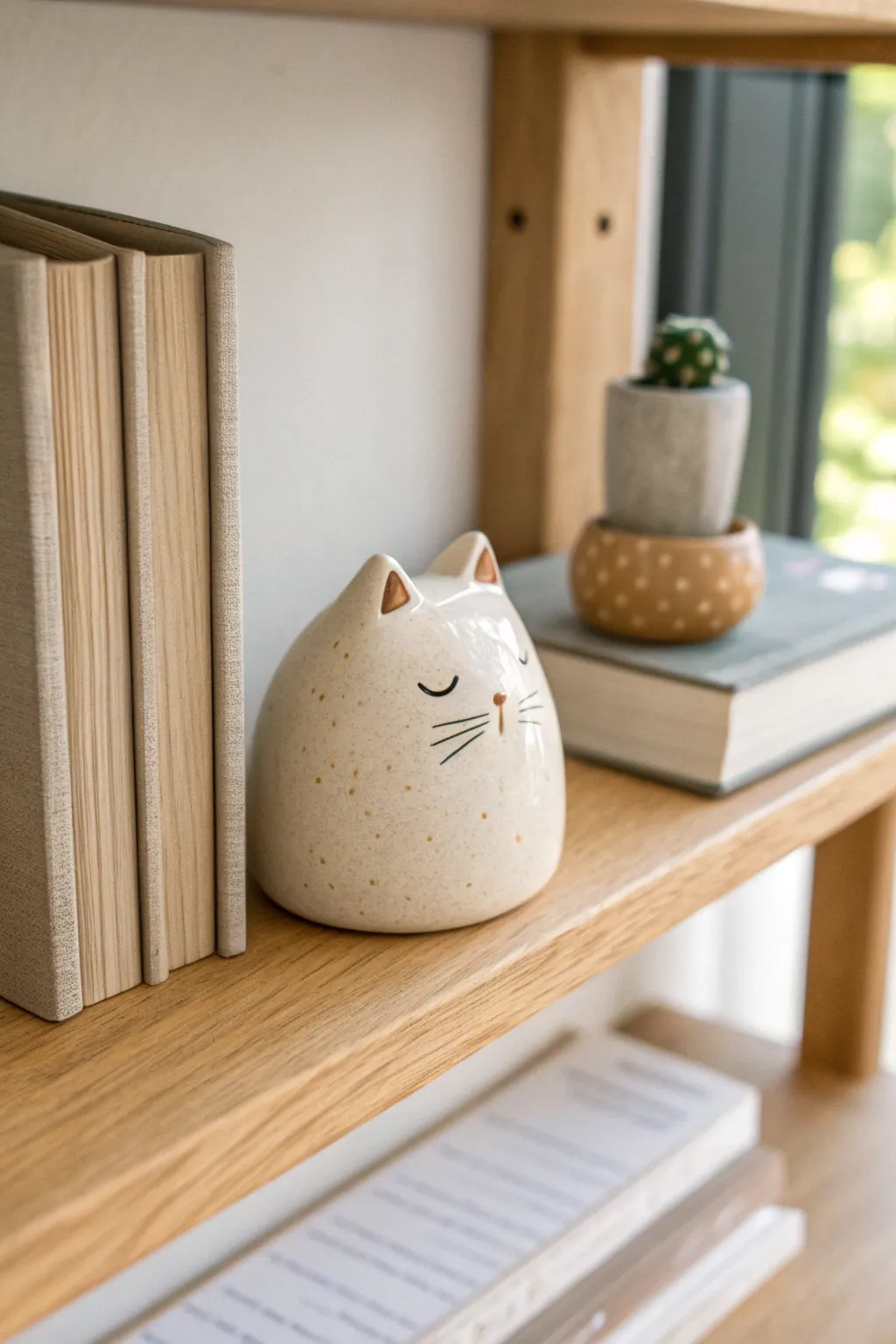 Minimal ceramic pet bust shelf buddy in satin glaze, styled on oak books with soft light