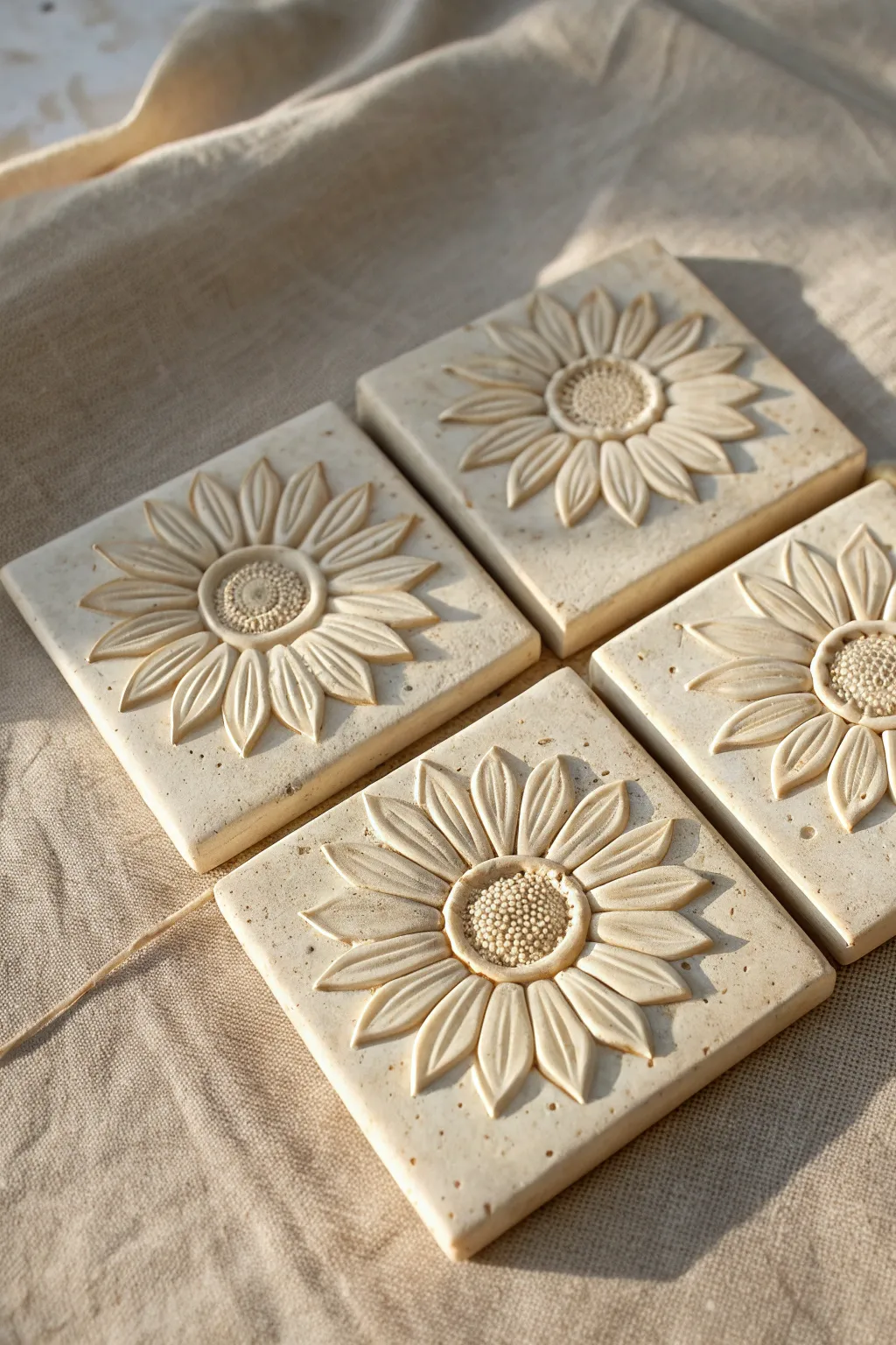 Sunflower bas-relief tiles in a minimalist botanical set, soft shadows and natural clay warmth