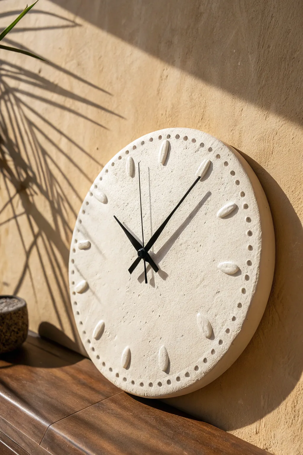 Minimalist ceramic clock with simple tick marks and bold black hands for serene modern decor.