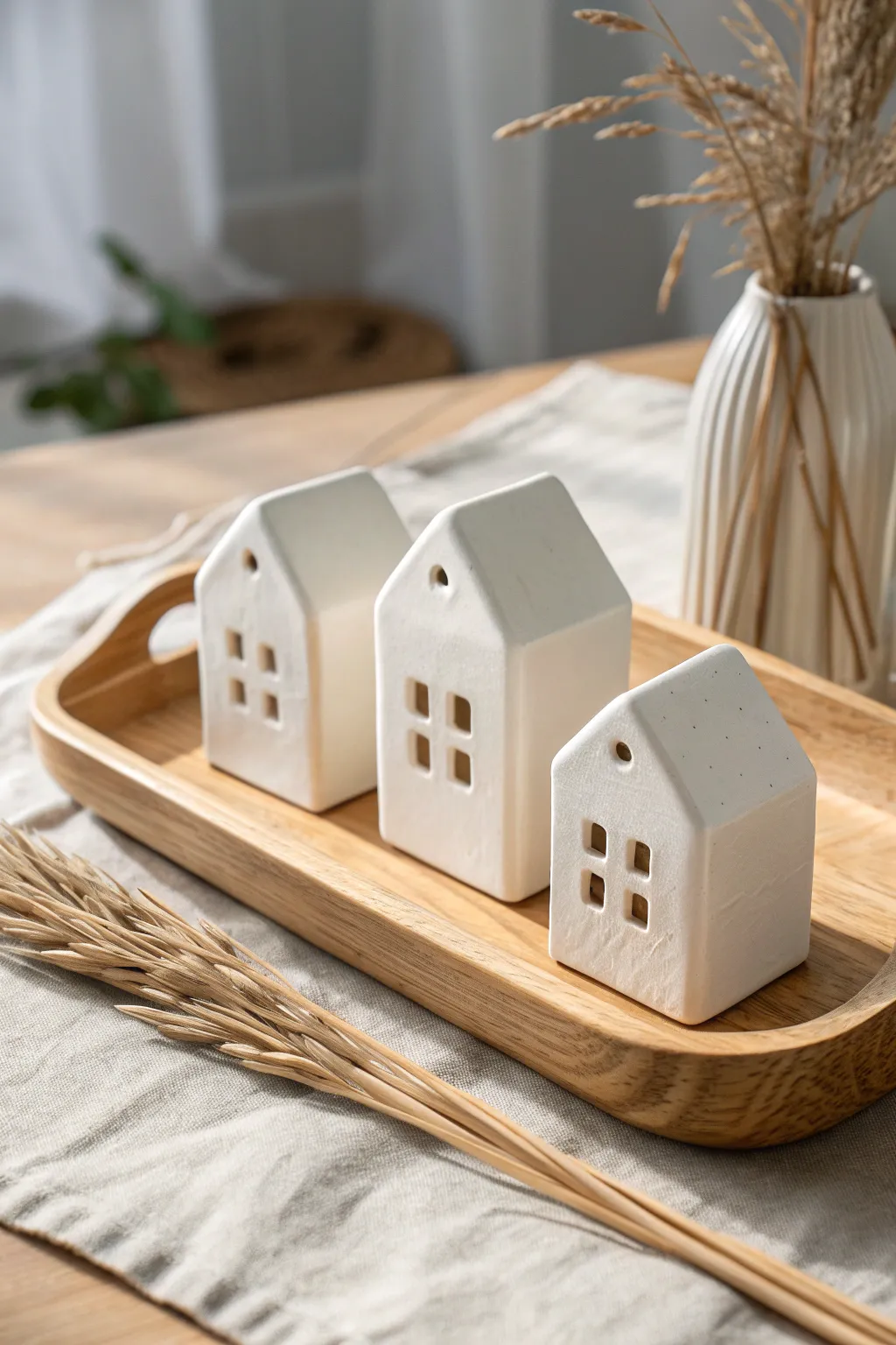 Minimalist matte white ceramic house set, Nordic calm with cozy boho warmth and clean contrast