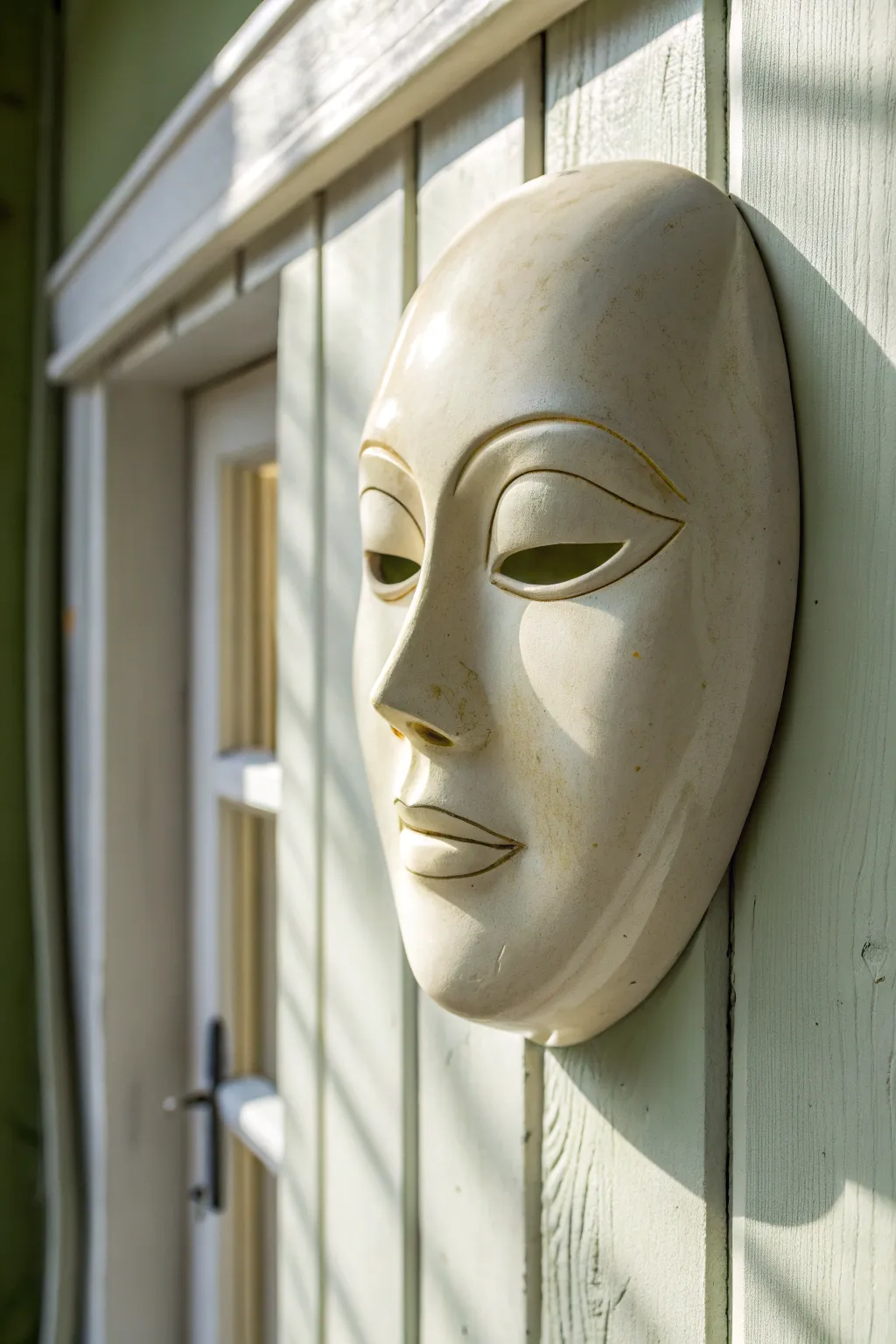 Minimal half-face ceramic wall mask with satin glaze and clean lines, softly contrasted on a light wall.