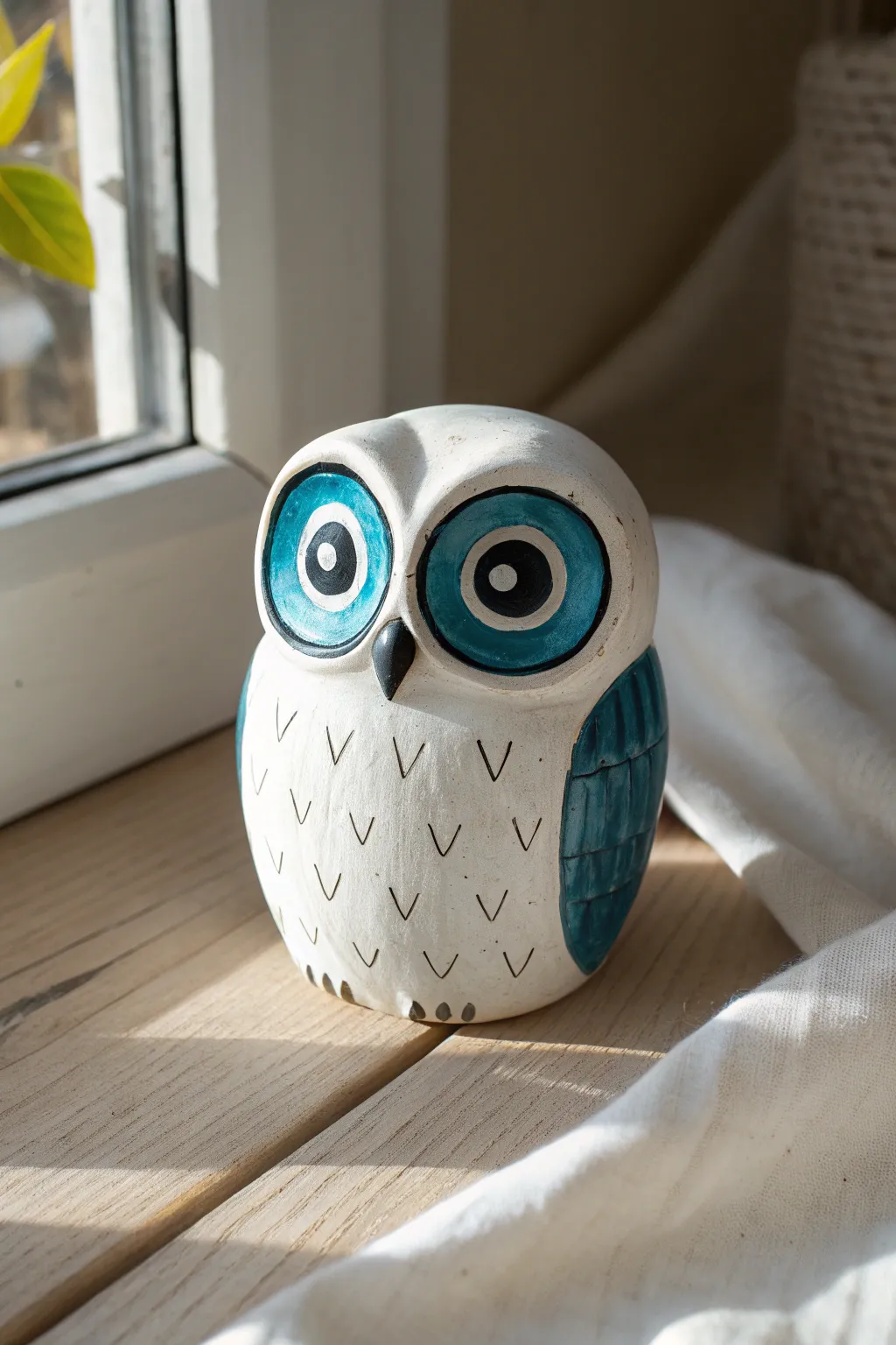 Bold teal eye rings on a deep navy owl for instant character with a clean minimalist finish.