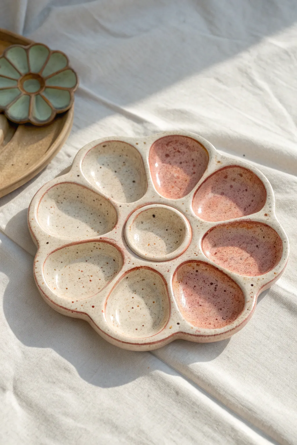 Flower-inspired round ceramic palette with center well and petal wells in soft studio glazes