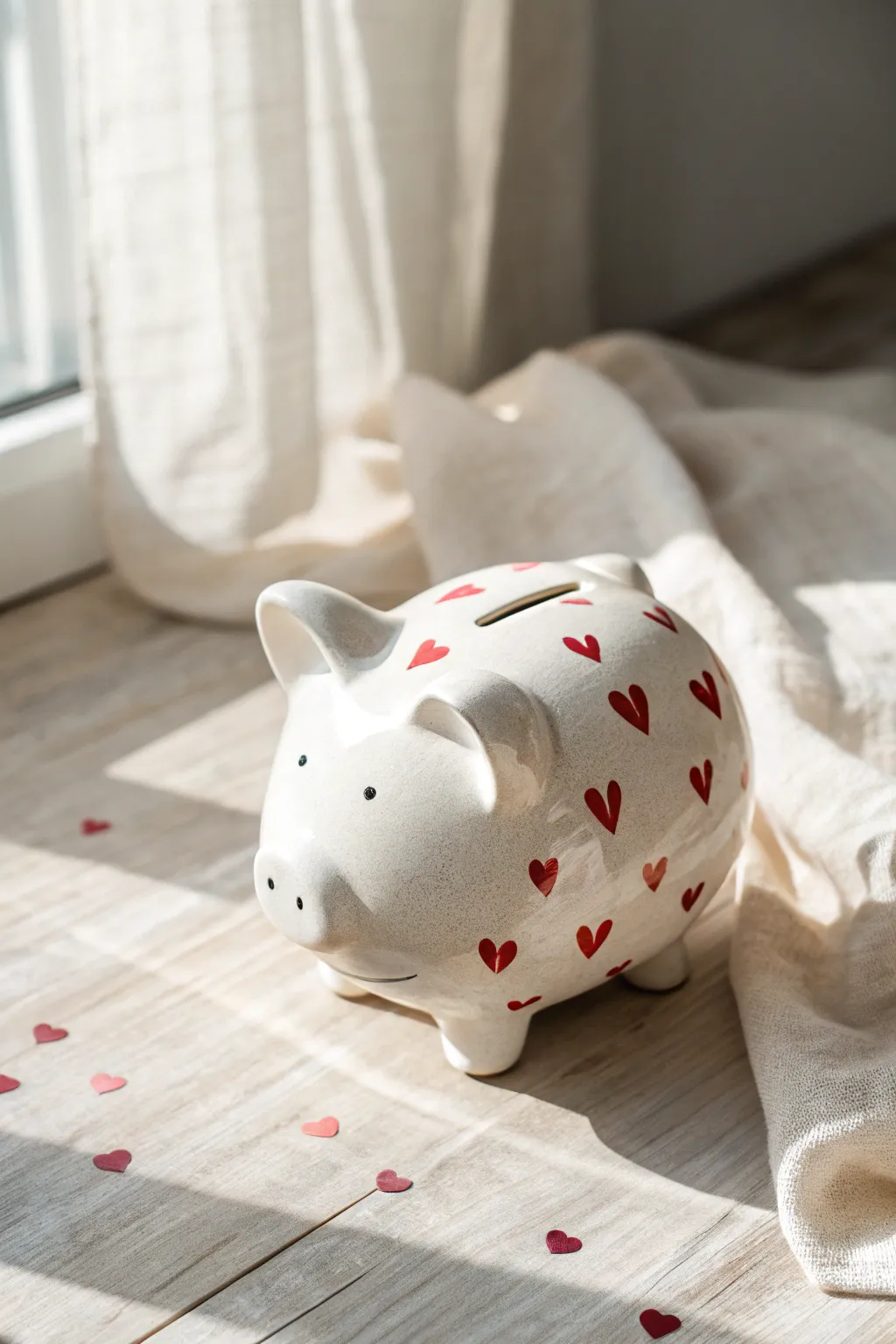 Minimal white ceramic piggy bank with tiny blush and red hearts for a sweet, modern look.