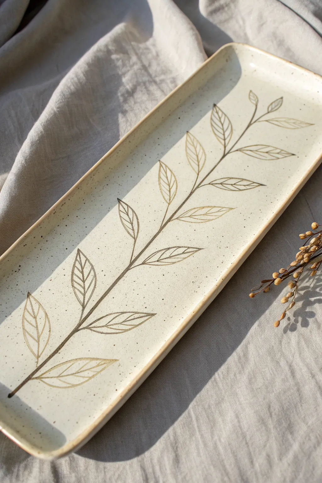 Minimal leaf line art on a sleek rectangular ceramic platter, calm neutrals and handmade elegance.