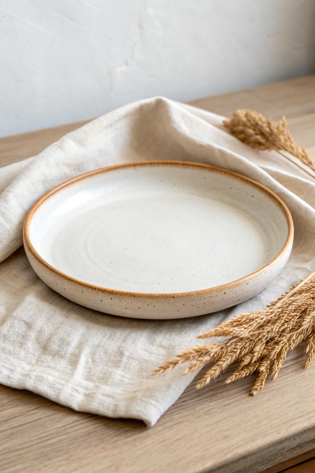 Round ceramic platter with a neat foot ring and subtle rim detail in calm, neutral glaze
