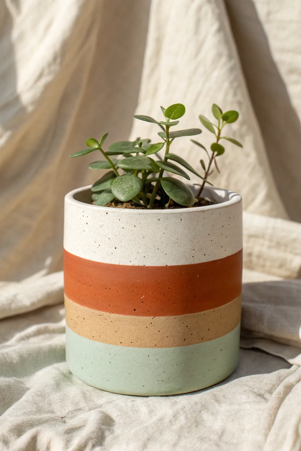 Modern color-blocked ceramic planter with bold bands, minimalist style, and a fresh leafy plant.