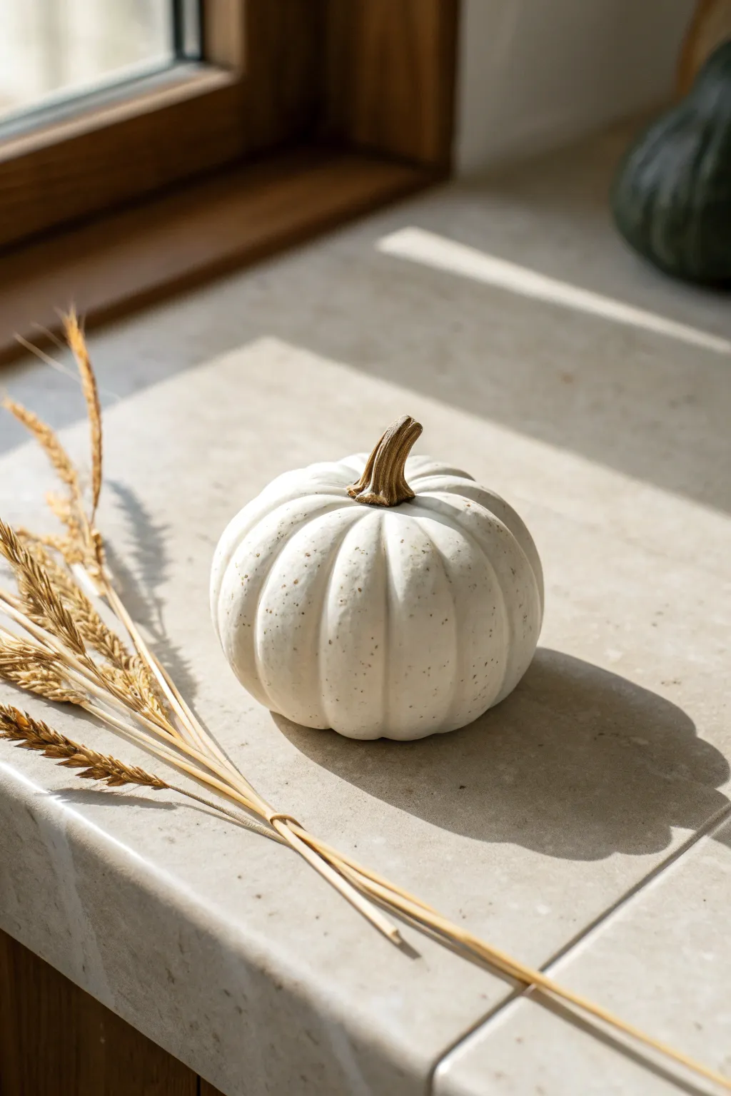 Modern matte white ceramic pumpkin with soft light and a simple dried grass accent