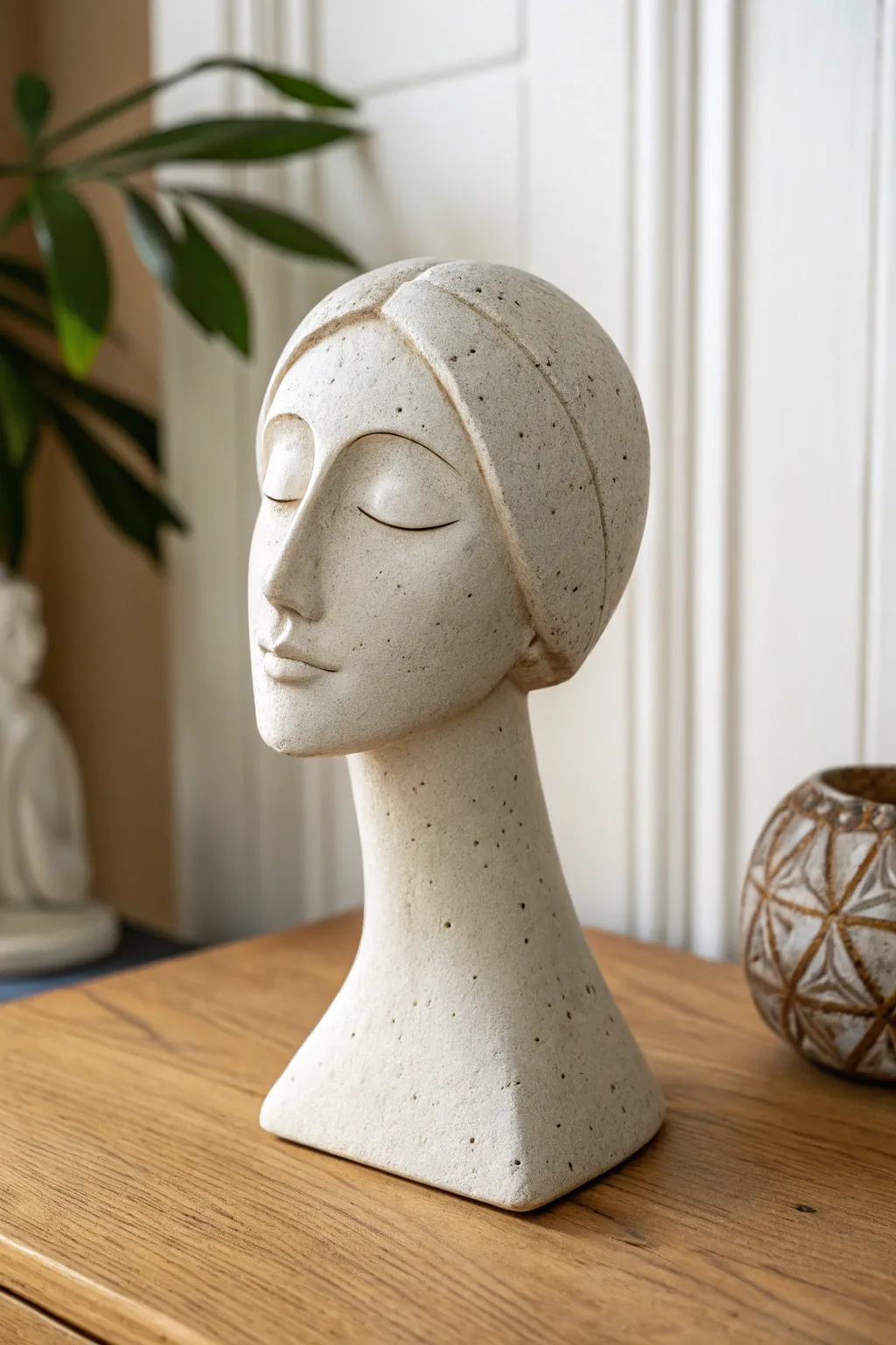 Minimal matte ceramic bust with soft planes and subtle features for a calm, moody sculpture idea