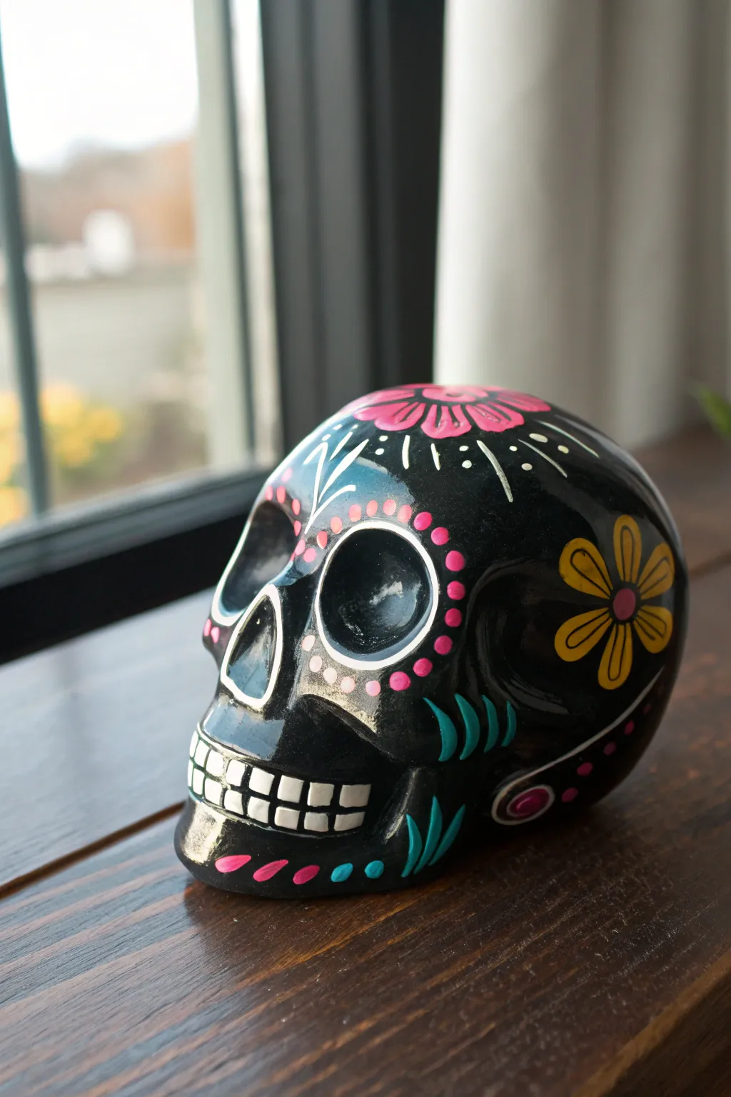 Glossy black sugar skull with bright pink, turquoise, and yellow details for bold contrast