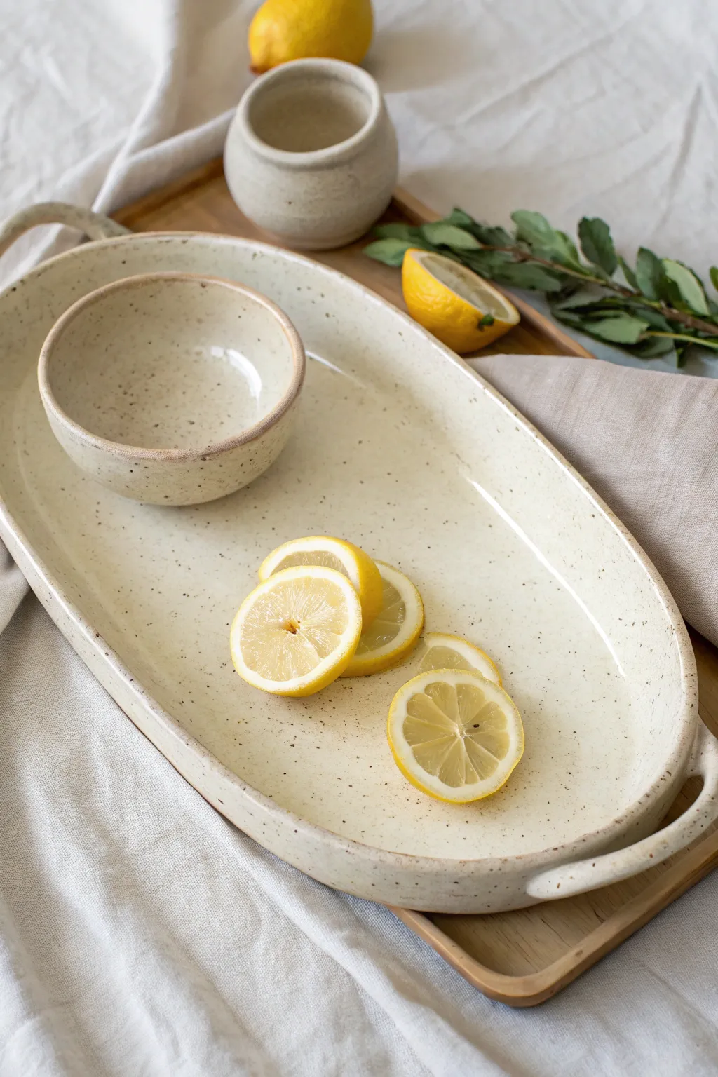 Oval slab-built ceramic tray with soft handles, styled simply with lemon slices and a tiny bowl