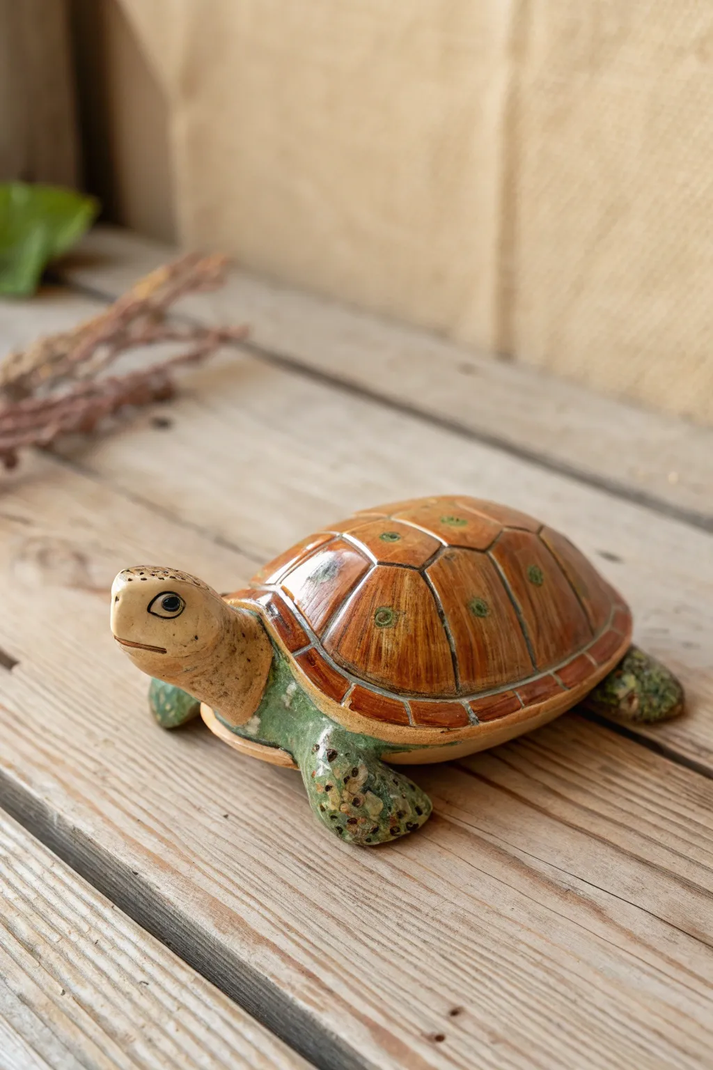 Earthy woodland tones bring this ceramic turtle to life with warm, cozy, minimalist charm.