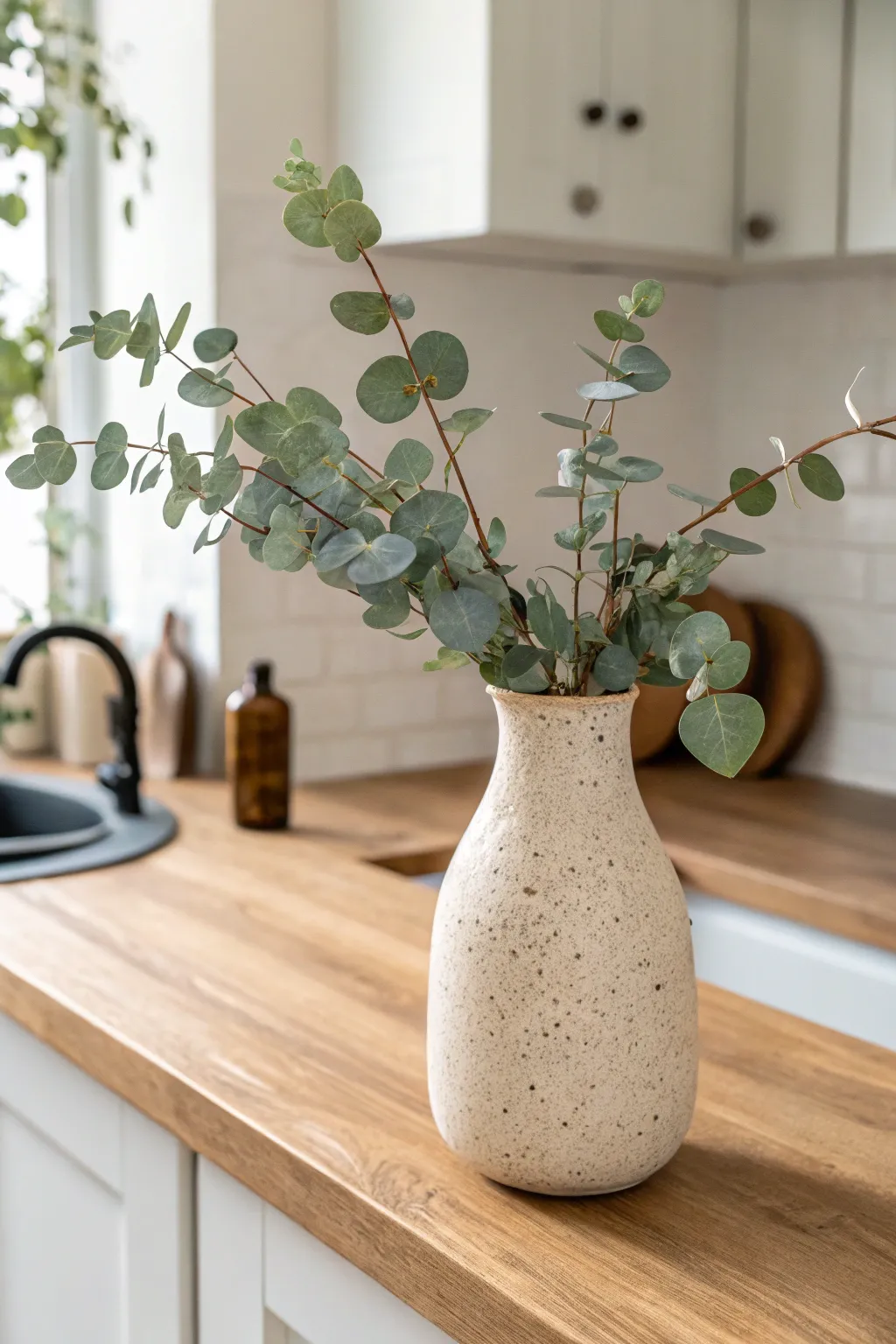 Matte neutral vase with simple eucalyptus stems for calm, everyday Scandinavian styling