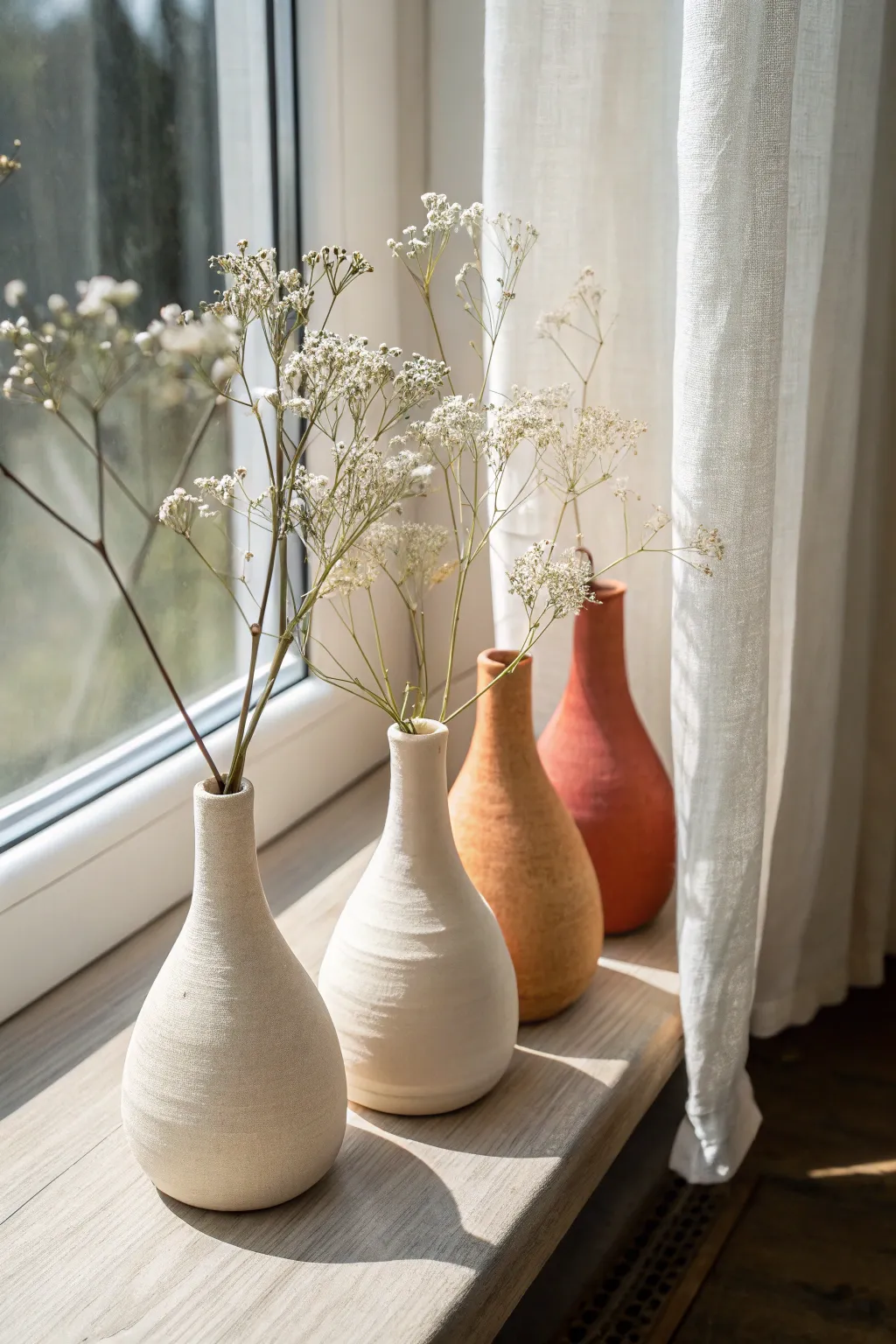 Three tiny bud vases create effortless windowsill styling with just one or two airy stems each.