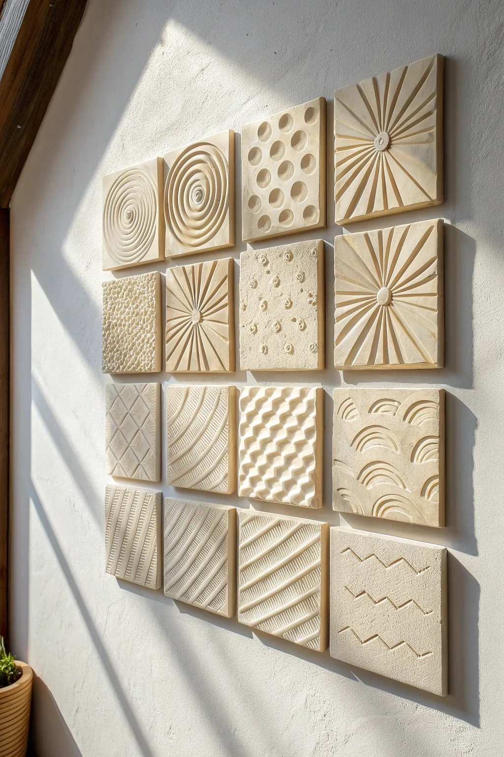 Nine textured relief tiles in a clean grid, softly lit to highlight handmade ceramic depth.
