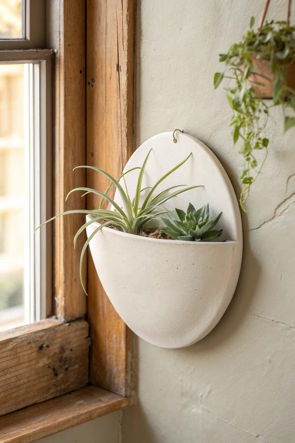 Minimal half-moon ceramic wall pocket with an air plant, calm satin glaze and clean contrast.
