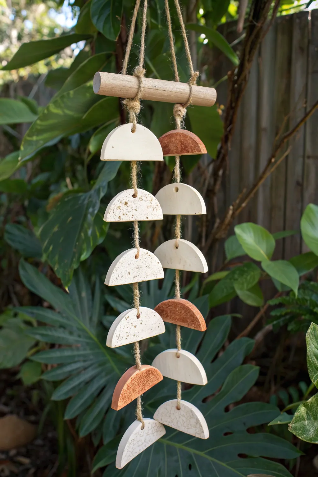 Driftwood and matte ceramic waterfall strands, softly swaying against lush greenery.