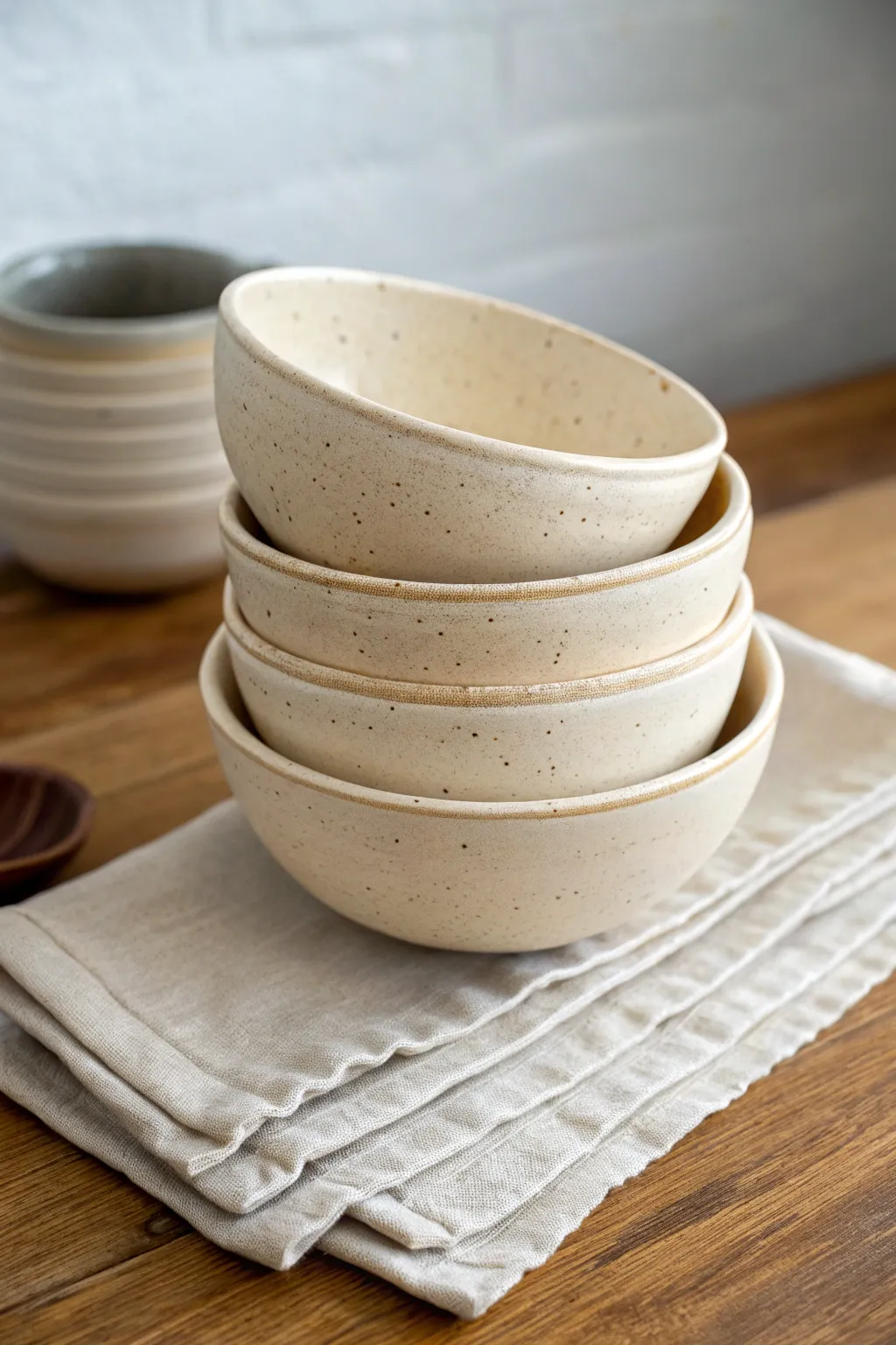 Four matching nesting bowls, one flipped to showcase the clean trimmed foot ring and curves.