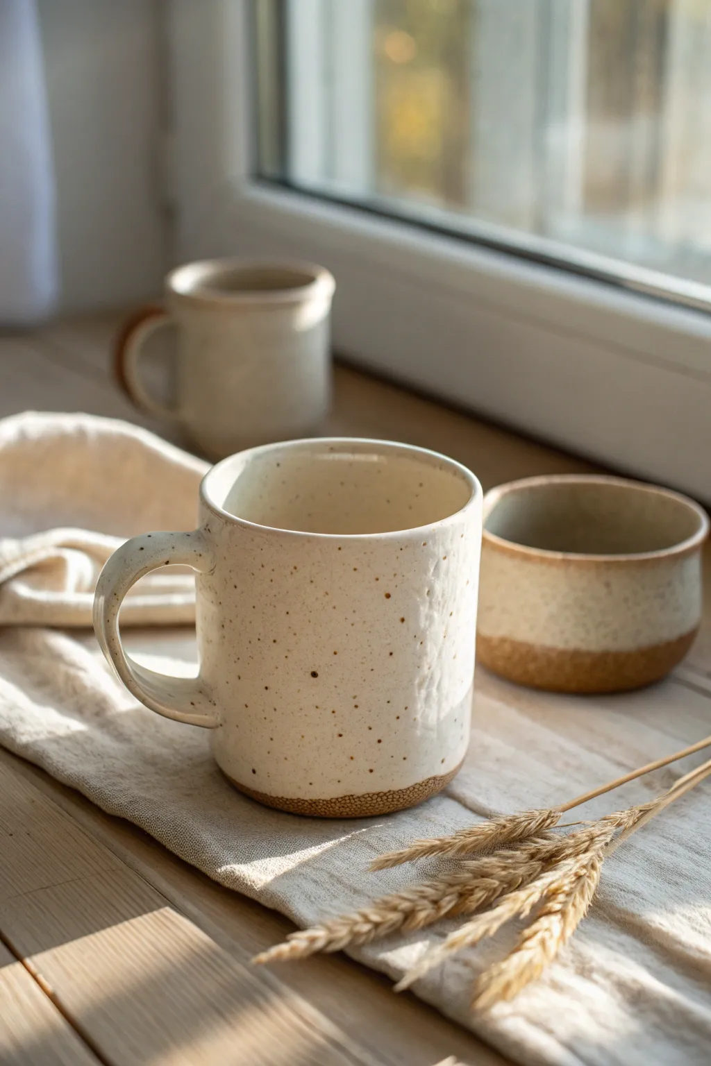 Soft matte handmade mug with simple handle, warm window light, minimal Nordic boho vibe.