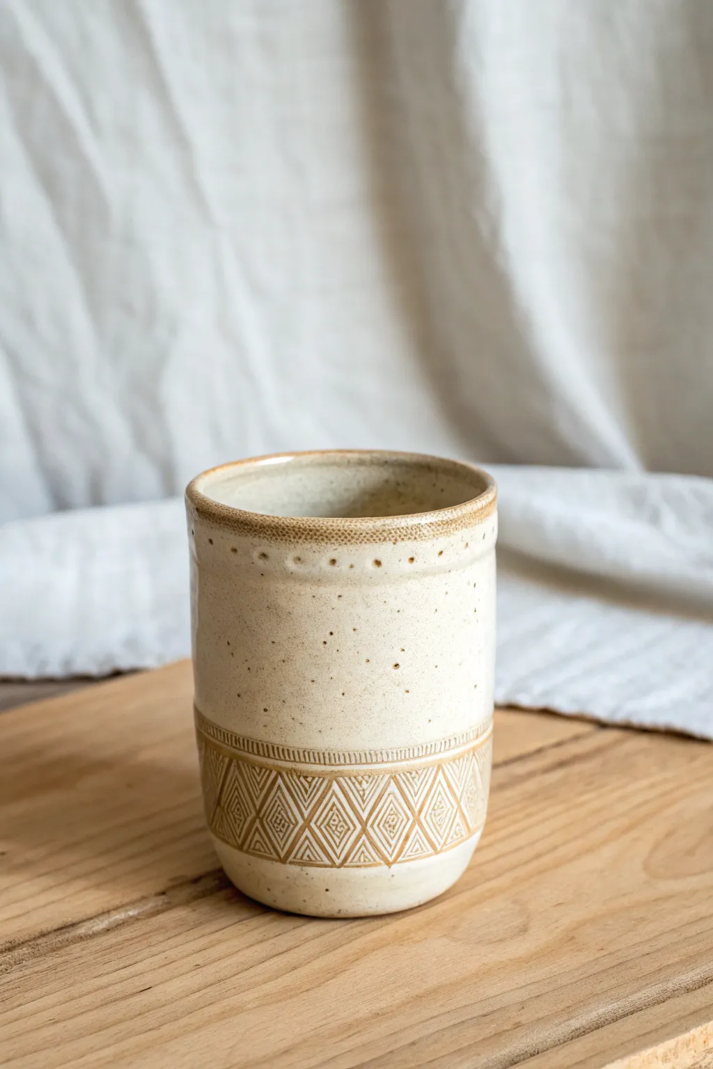 Minimal tumbler with crosshatch carving and dark glaze pooling for crisp, tactile texture
