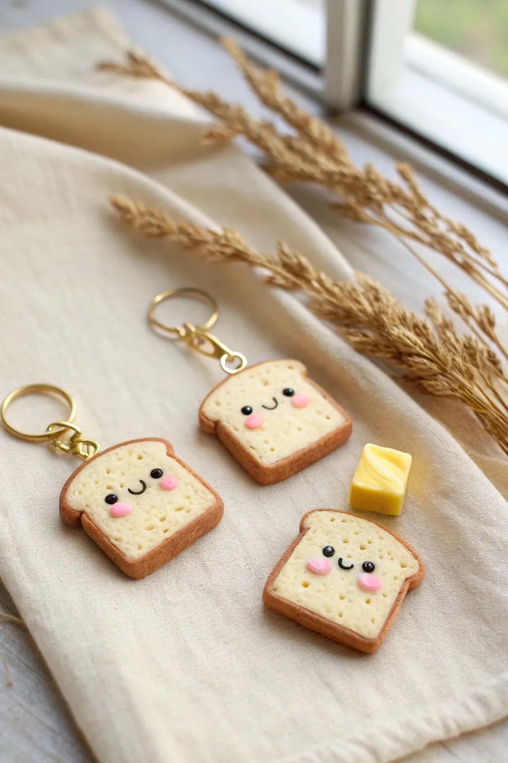 Adorable mini toast and butter clay charms in a cozy neutral palette, perfect for cute keychains.