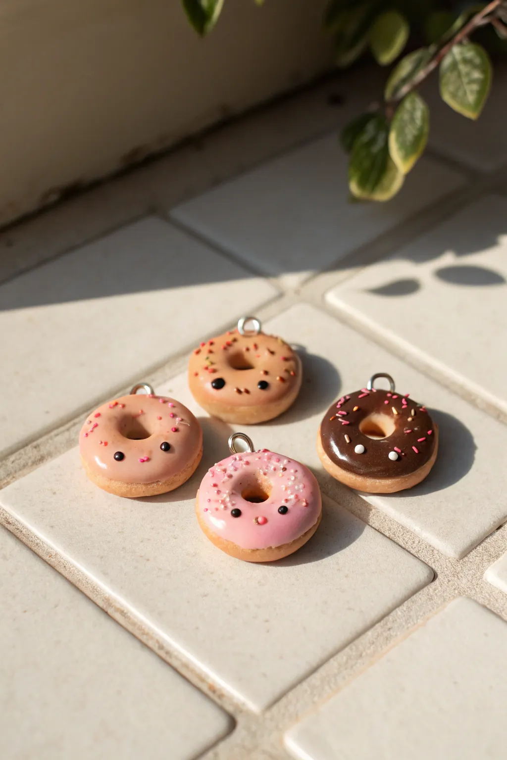 Mini donut clay charms with sprinkles in soft neutral tones, neatly arranged and super cute.